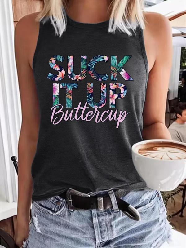 Women's Letter & Floral Print Round Neck Tank Top, Casual Graphic Sleeveless Crew Neck T-shirt for Summer, Fashion Women's Top for Daily Wear