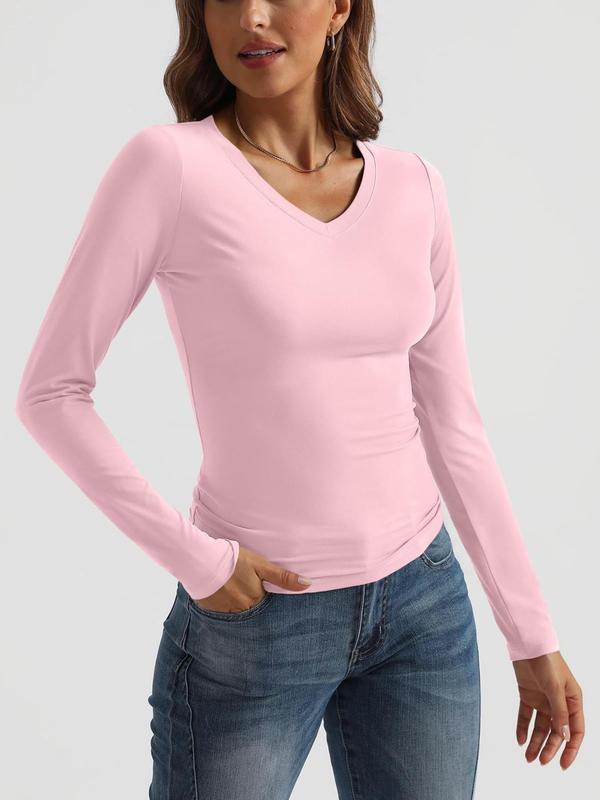 Women's Plain V Neck Long Sleeve Tee, Casual Solid T-Shirt for Spring & Fall, Women's Top for Daily Wear