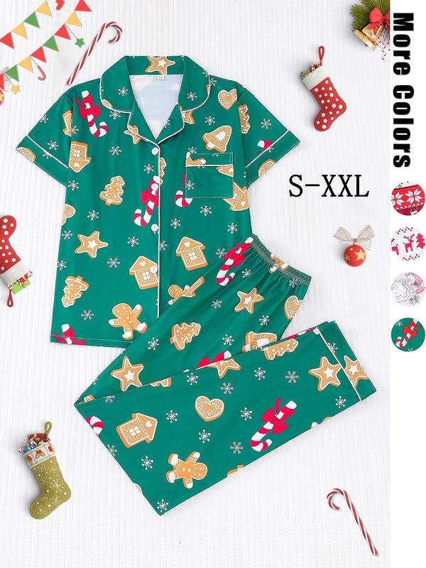 Christmas Collection Two-Piece Set Women's Pajama Set, Fall Clothes, Halloween Ghost & Pumpkin Print Button Front Shirt & Elastic Waist Pants PJ Set, Matching Halloween Pajamas, Christmas Pajamas, Ladies Sleepwear for Fall, Birthday Gifts