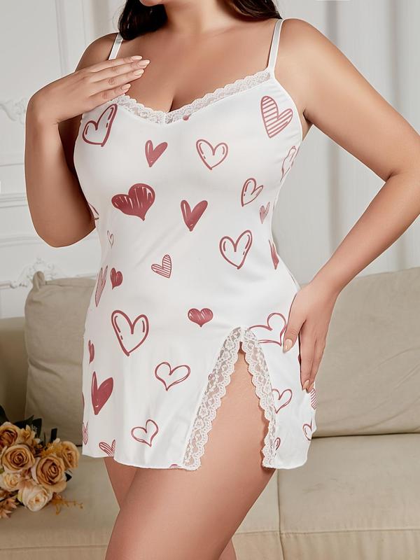 Women's Plus Size Heart Print Lace Trim Split Cami Nightdress, Night Gown for Women, House Dress for Women, Casual Comfy Spaghetti Strap Sweetheart Neck Nightgown, Summer Clothes Women, Lady Sleepwear & Homewear