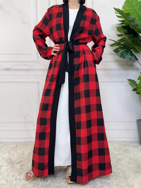 Women's Plaid Print Pocket Belted Lounge Robe, Casual Long Sleeve Dressing Gown, Ladies Sleepwear for All Seasons