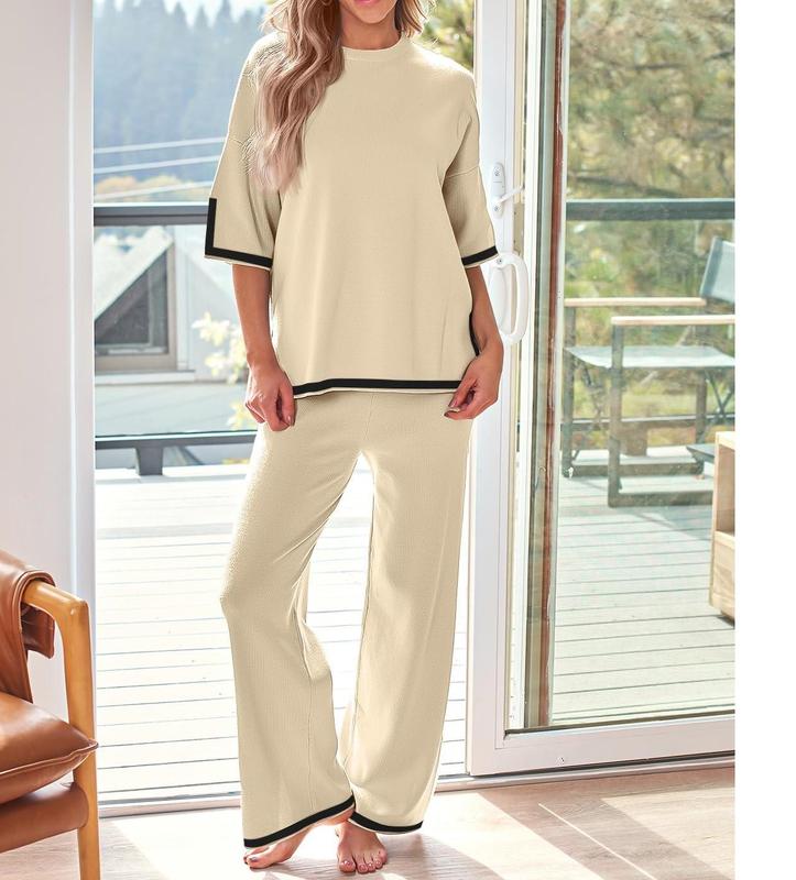 2 Piece Lounge Sets Women's Short Sleeve Knit Top Wide Leg Pants Sets Soft Womenswear