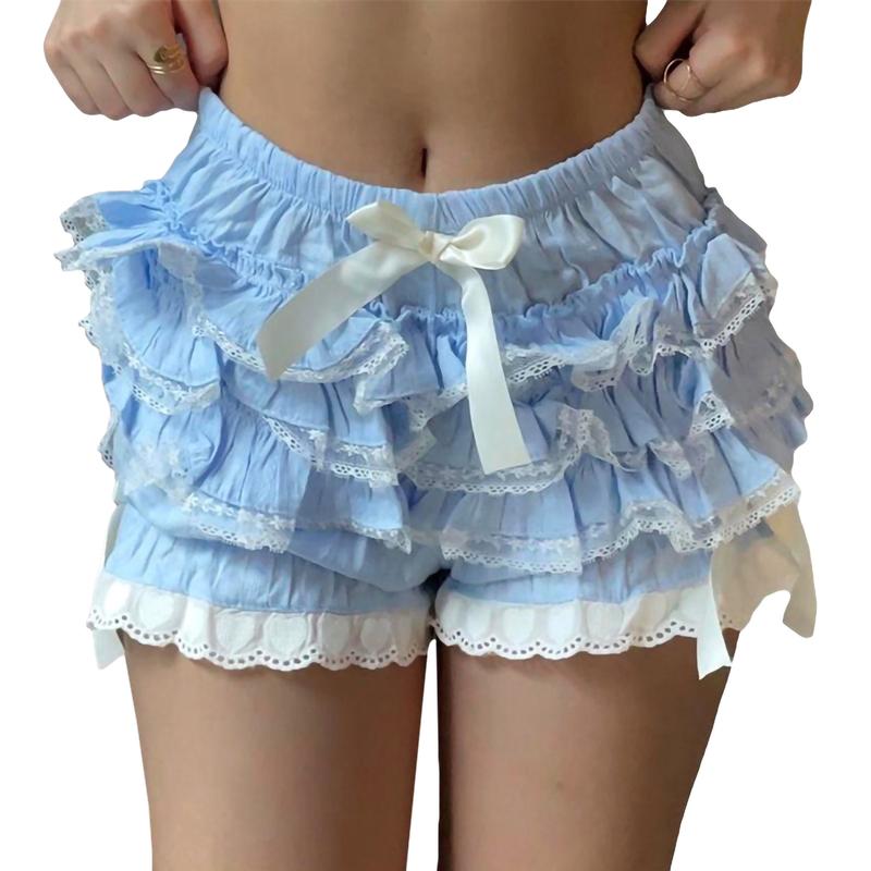 Women Y2k Lolita Bloomers Ruffle Pumpkin Panties Bottom Lace Trim Layered High Waist Shorts Pettipants Lounge Homewear Streetwear