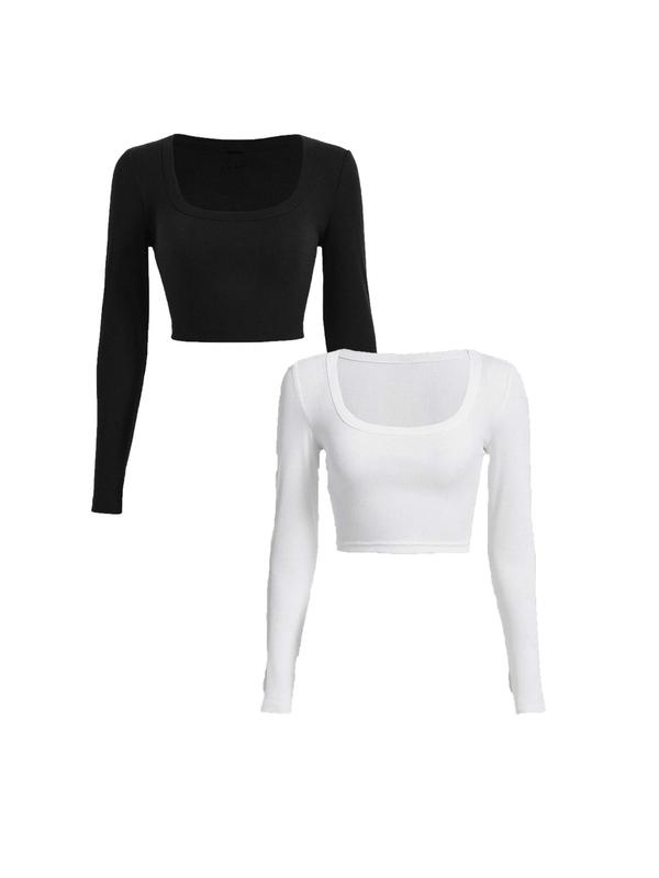 Women's Square Neck Long Sleeve Crop Tee, Casual Plain Ribbed T-shirt For Spring & Fall, Women's Clothes For Daily Wear