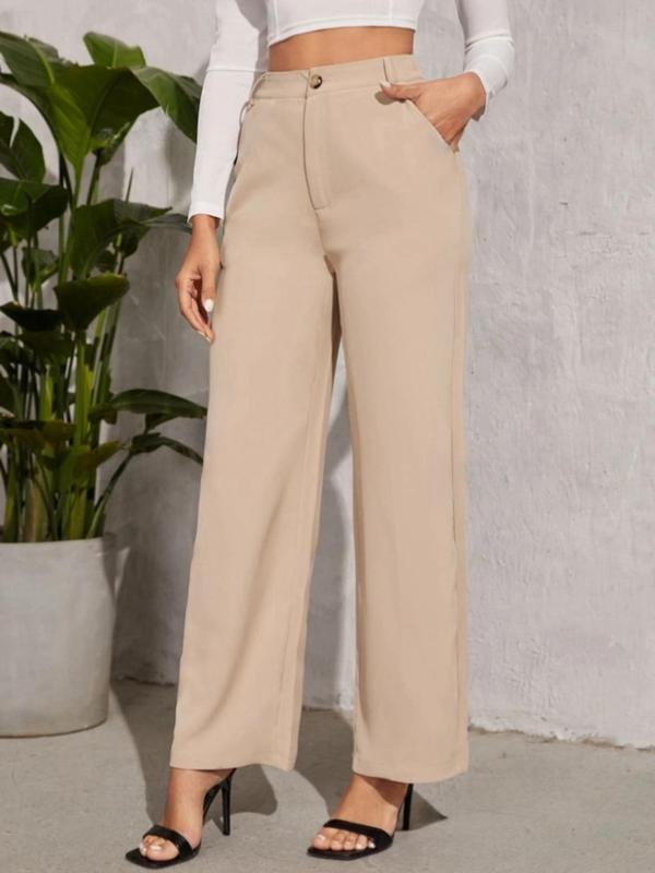 Women's Solid Button Fly Pocket Straight Leg Pants, Casual Comfy High Waist Trousers for Work Office Business, Ladies Bottoms for All Seasons