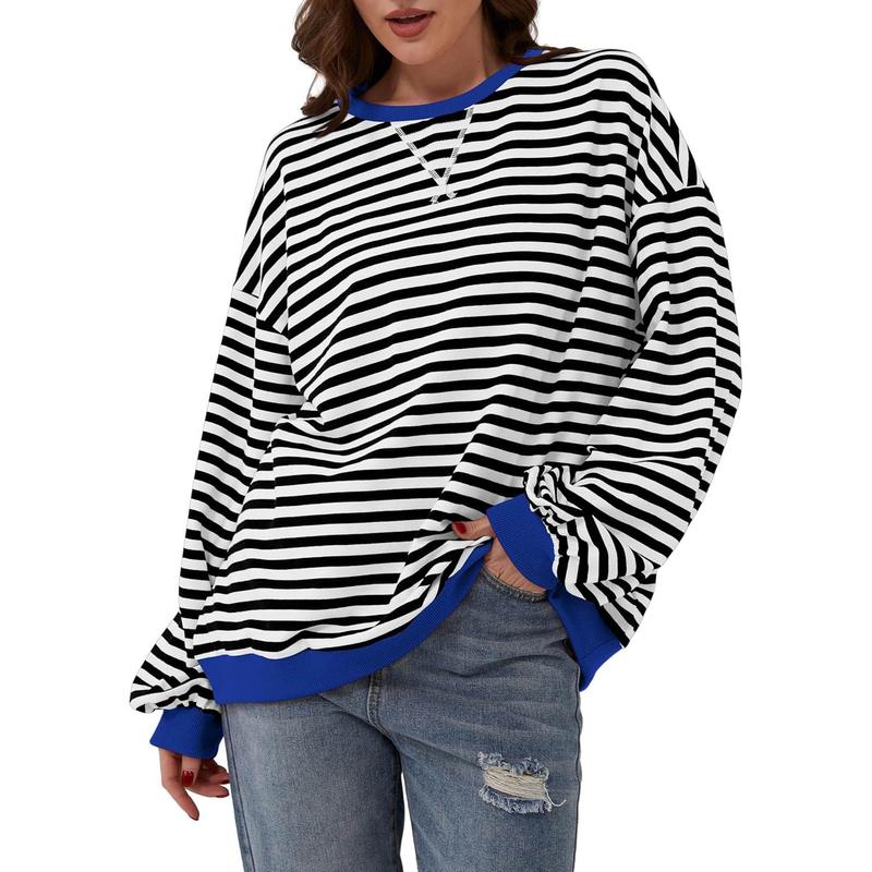 Women Striped Color Block Long Sleeve Crew Neck Sweatshirt Casual Loose Pullover Top