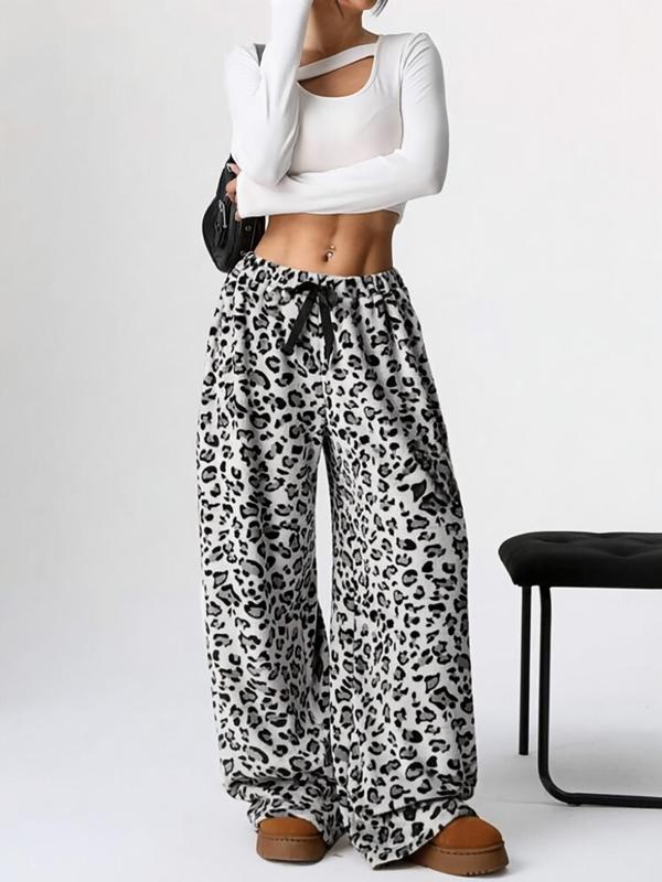 Women's Leopard Print Bow Decor Plush Wide Leg Pants, Casual Comfy Elastic Waist Trousers for Fall & Winter, Women's Bottoms for Daily Wear