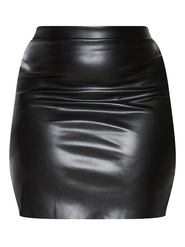  Solid Color PU Leather Skirt, Fashionable High Waist Bodycon Skirt for Party Club Dating, Women's Clothing for Summer