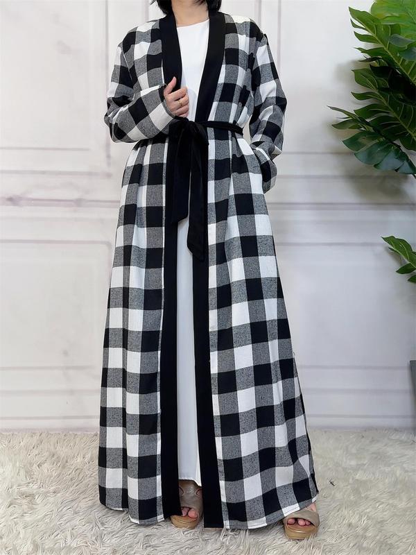 Women's Plaid Print Pocket Belted Lounge Robe, Casual Long Sleeve Dressing Gown, Ladies Sleepwear for All Seasons