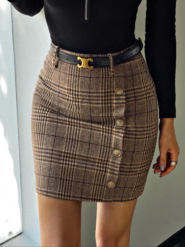 Women's Plaid Print Fake Buttons Skirt Without Belt, High Waist Bodycon Short Skirt For Spring, Women's Bottoms For Work Office Outdoor Wear