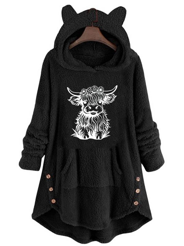 Women's Cartoon Highland Cow Print Button Front Hooded Sweatshirt, Casual Long Sleeve Pocket Design Hoodie for Fall & Winter, Women's Clothes for Daily Wear