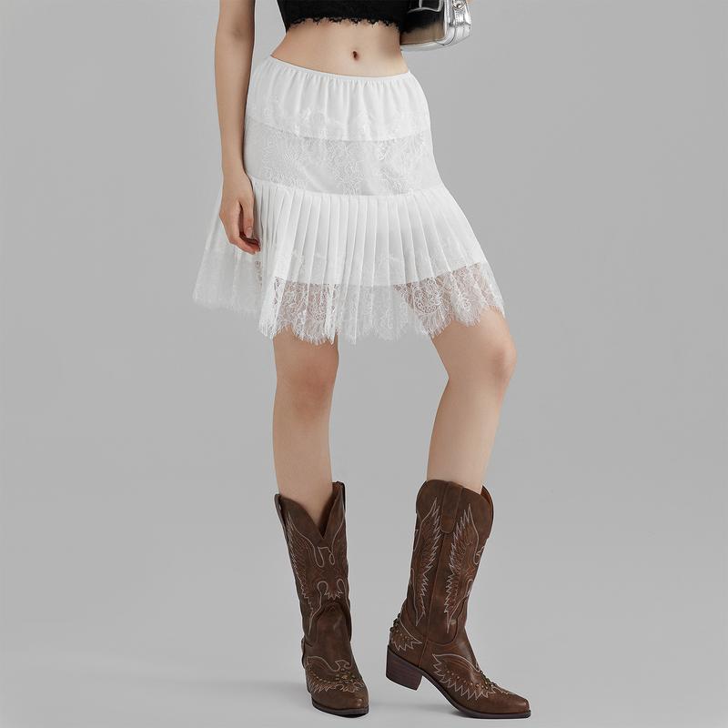 Women High Waist A-Line Mini Skirts Mid-Rise Pleated Lace Skirts Spring Summer Casual Short Mesh Skirt