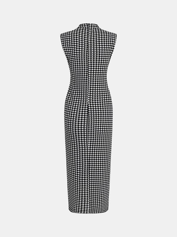 YOZY Christmas Deals, Women's All Over Houndstooth Print Drop Shoulder Bodycon Dress, Elegant Fashion Casual Mock Neck Cap Sleeve Midi Dress for Daily Outdoor Wear, Christmas 2024 Trend, Fall & Winter Clothes