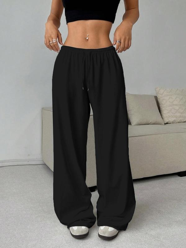 Women's Plain Drawstring Waist Wide Leg Pants, Casual Comfy Trousers for Daily Wear, Ladies Bottoms for All Seasons