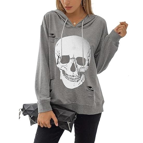 Blooming Jelly Women's Halloween Sweatshirts Skull Graphic T Shirts Long Sleeve Pullover Tops Gothic Fall Clothes