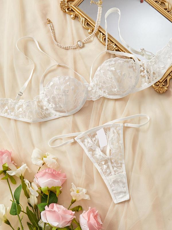 Women's Plain Cut Out Sheer Mesh Bra & Thong Sexy Lingerie Set, Sexy Elegant Adjustable Strap Bra & Panty Lingerie Set, Sexy Underwear Set for All Seasons