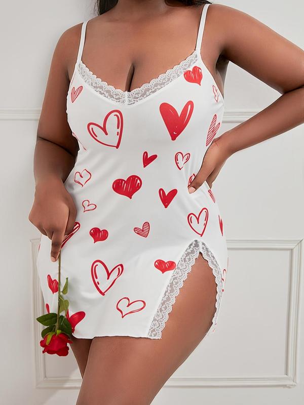 Women's Plus Size Heart Print Lace Trim Split Cami Nightdress, Night Gown for Women, House Dress for Women, Casual Comfy Spaghetti Strap Sweetheart Neck Nightgown, Summer Clothes Women, Lady Sleepwear & Homewear