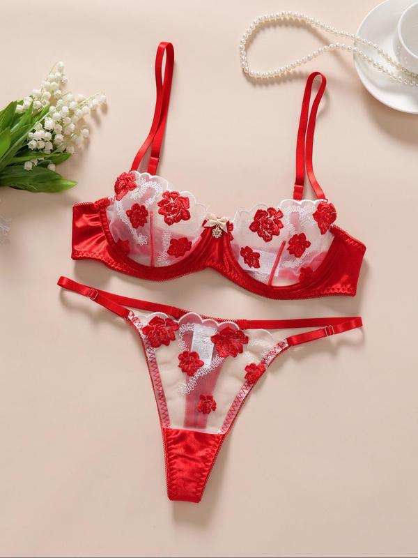 Women's Floral Embroidery Underwire Bra & Thong Underwear Two-piece Set, Adjustable Strap Push Up Bra & Thong Set, Lingerie Set for Women