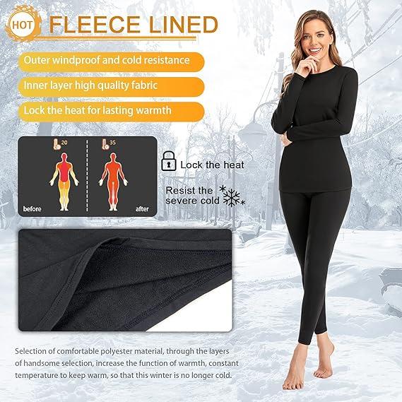 2 Sets Women’s Thermal Underwear Set, Fleece Lined Thermal Underwear, Soft Long Top Bottom Set for Women Cold Winter