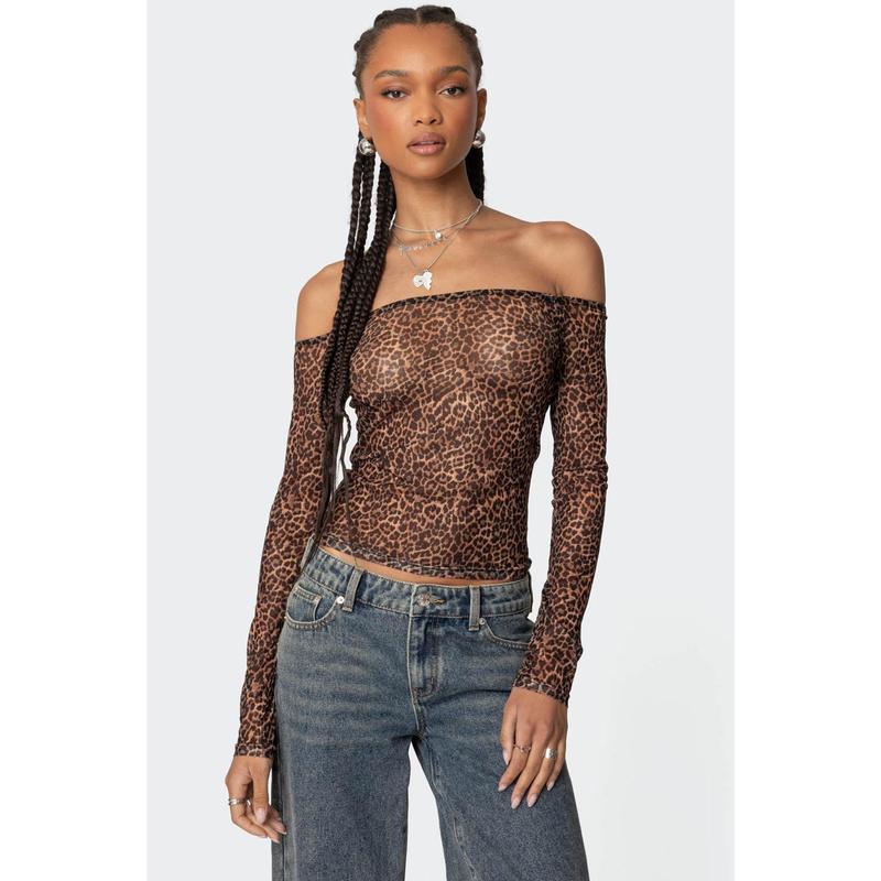 Leopard Sheer Mesh Off Shoulder Top