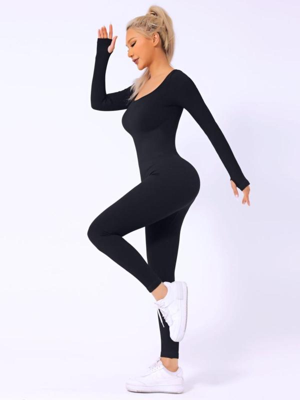 Women's Solid Square Neck Long Sleeve Jumpsuit, Lady High Stretch Seamless Bodycon Shapewear Clothes for Tummy Control Butt Lifting, Summer Sports Activities