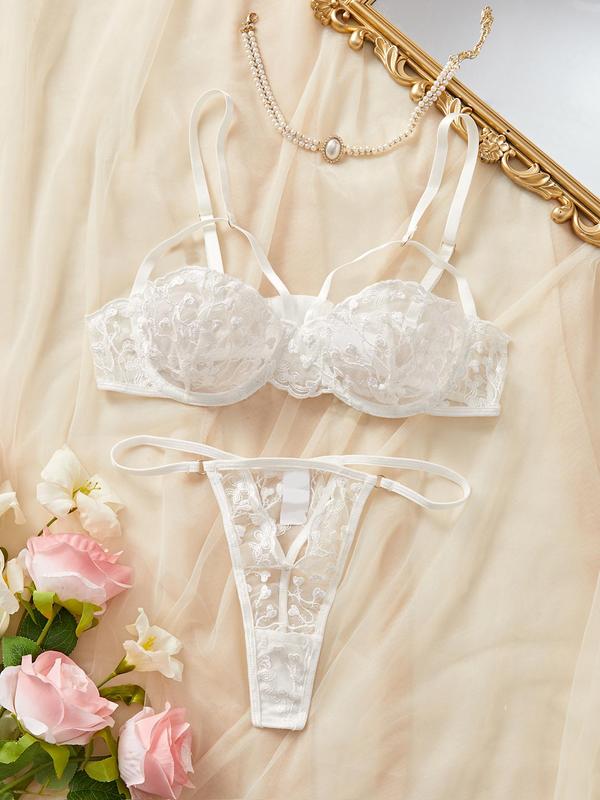 Women's Plain Cut Out Sheer Mesh Bra & Thong Sexy Lingerie Set, Sexy Elegant Adjustable Strap Bra & Panty Lingerie Set, Sexy Underwear Set for All Seasons