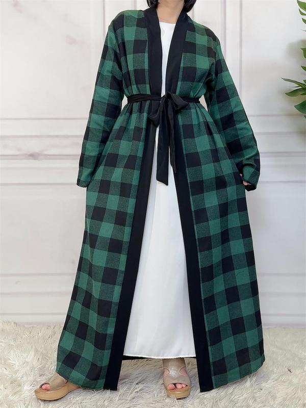 Women's Plaid Print Pocket Belted Lounge Robe, Casual Long Sleeve Dressing Gown, Ladies Sleepwear for All Seasons