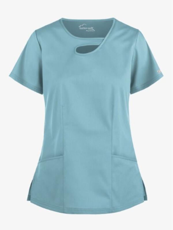 Women's Butter-Soft Stretch Scrub Top with 2 Pockets and Asymmetric Keyhole Design - Clothing, Womenswear