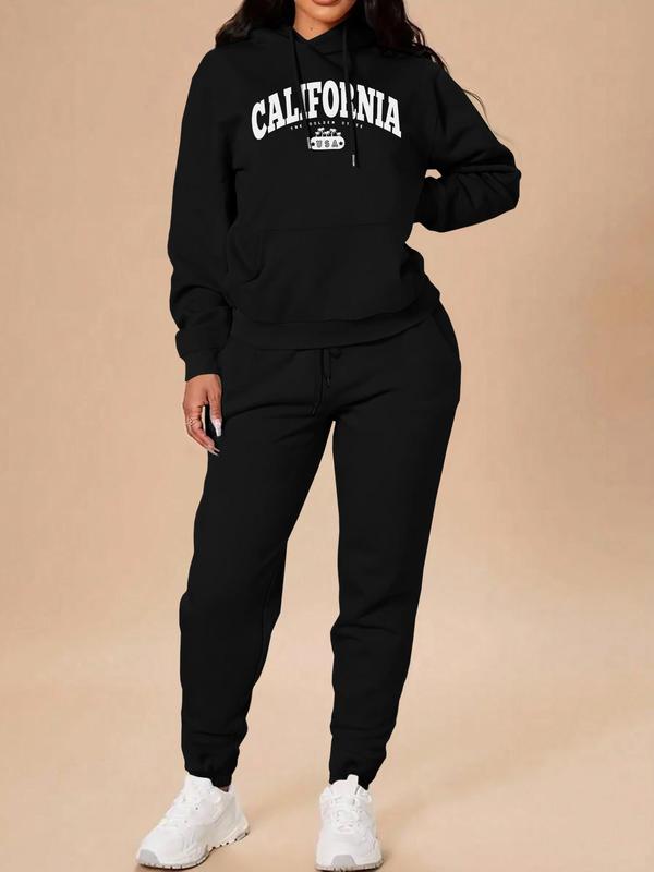 Women's Letter Print Pocket Hoodie & Drawstring Waist Pants Two-piece Set, Casual Long Sleeve Hooded Sweatshirt & Pocket Trousers, Women's Fall & Winter Clothes for Daily Wear