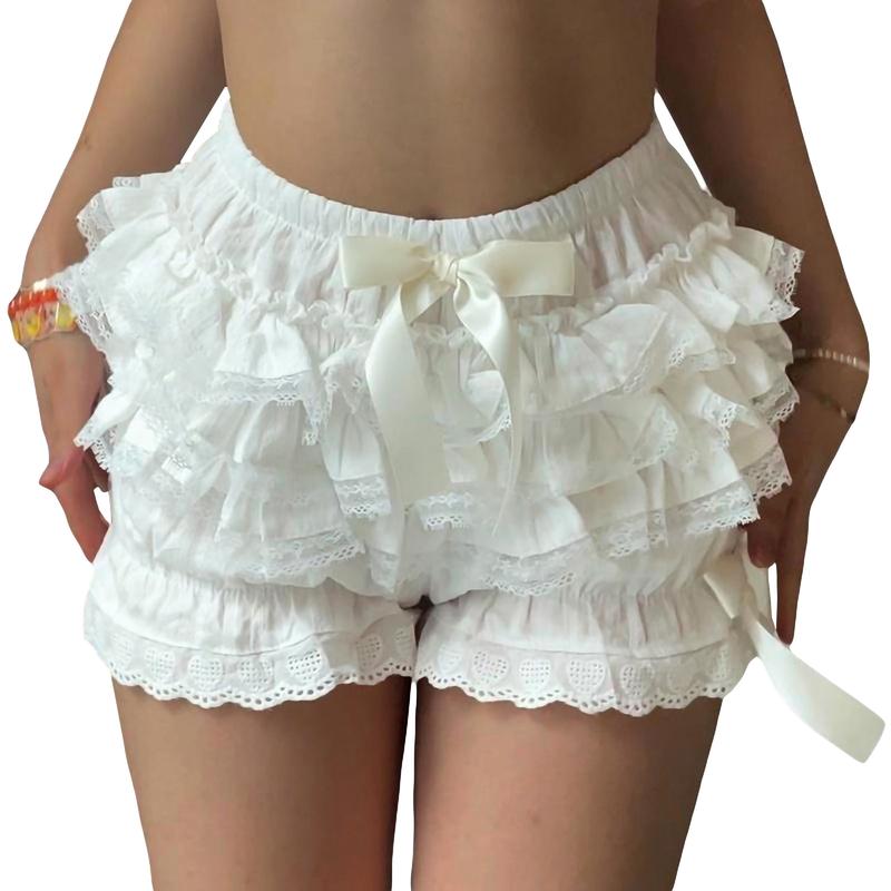 Women Y2k Lolita Bloomers Ruffle Pumpkin Panties Bottom Lace Trim Layered High Waist Shorts Pettipants Lounge Homewear Streetwear