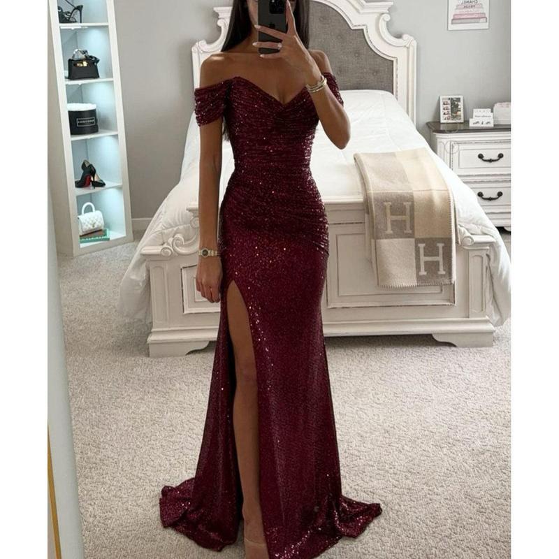 Party Sequins Off-neck Split Dress INS Casual Fashion Dress Women 2024 Prom Wedding Club Party Any Occasion Dress  Fabric Womenswear