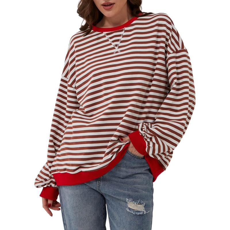 Women Striped Color Block Long Sleeve Crew Neck Sweatshirt Casual Loose Pullover Top