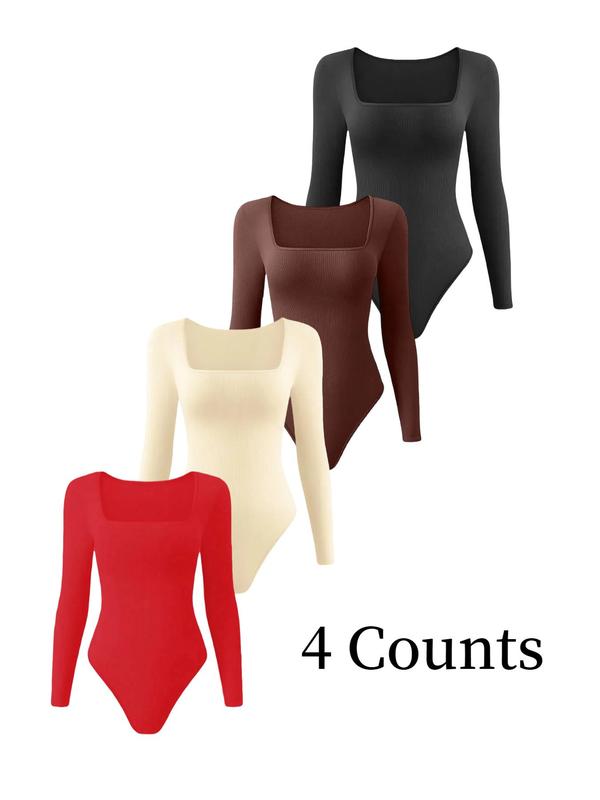 Solid Square Neck Long Sleeve Shapewear Bodysuit, Casual Comfy Tummy Control Shaper for Daily Wear, Ladies Shapewear for All Seasons Womenswear Tops Comfort Longsleeves