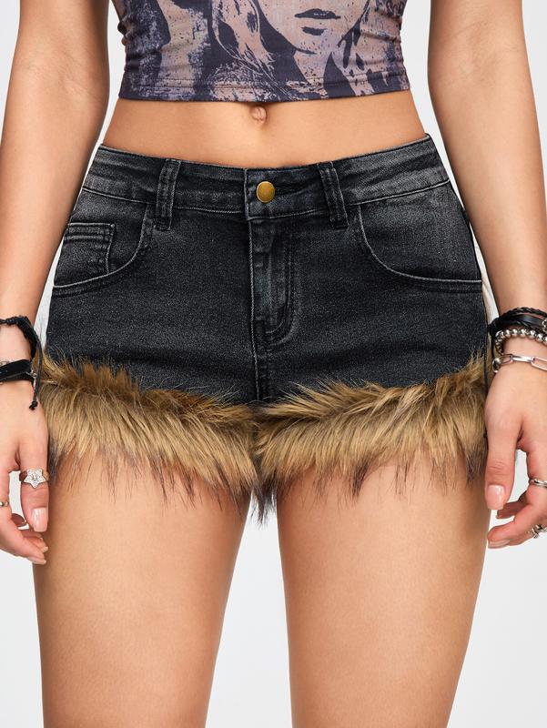 ROMWE Grunge Punk Women's Plushed Decorated Denim Shorts