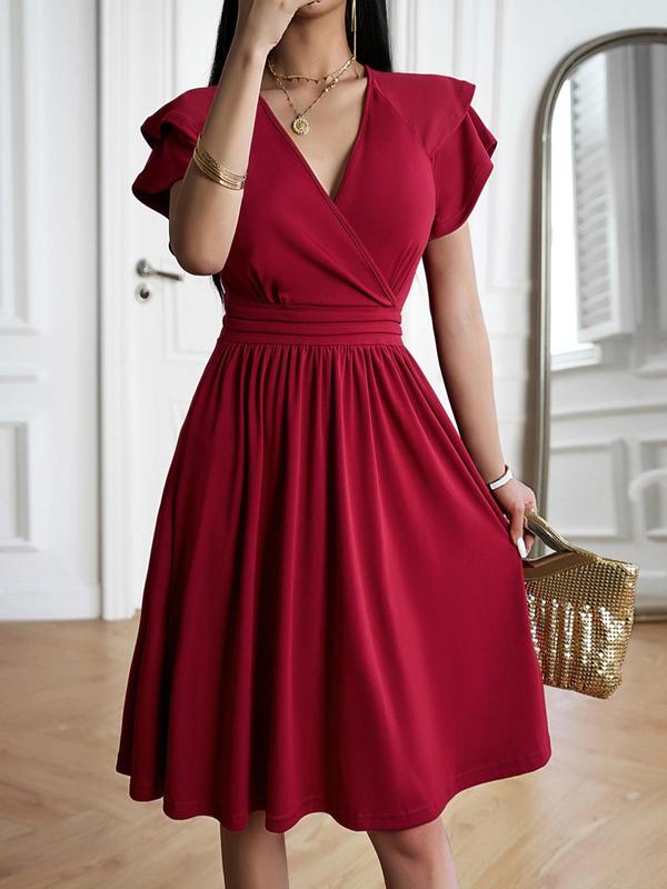 Women's Plain Butterfly Sleeve V Neck A Line Dress, Elegant Short Sleeve Midi Dress for Party Holiday Wedding Guest, Ladies Clothes for All Seasons