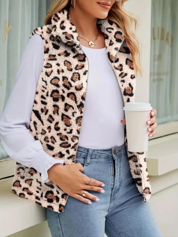 Women's Cow Print Zip Up Plush Gilet, Casual Pocket Collared High Neck Vest Outerwear for Fall & Winter, Winter Clothes Women, Clothing Tops for Lady Daily Wear, Going Out Outfits 2024, Fall Outfits