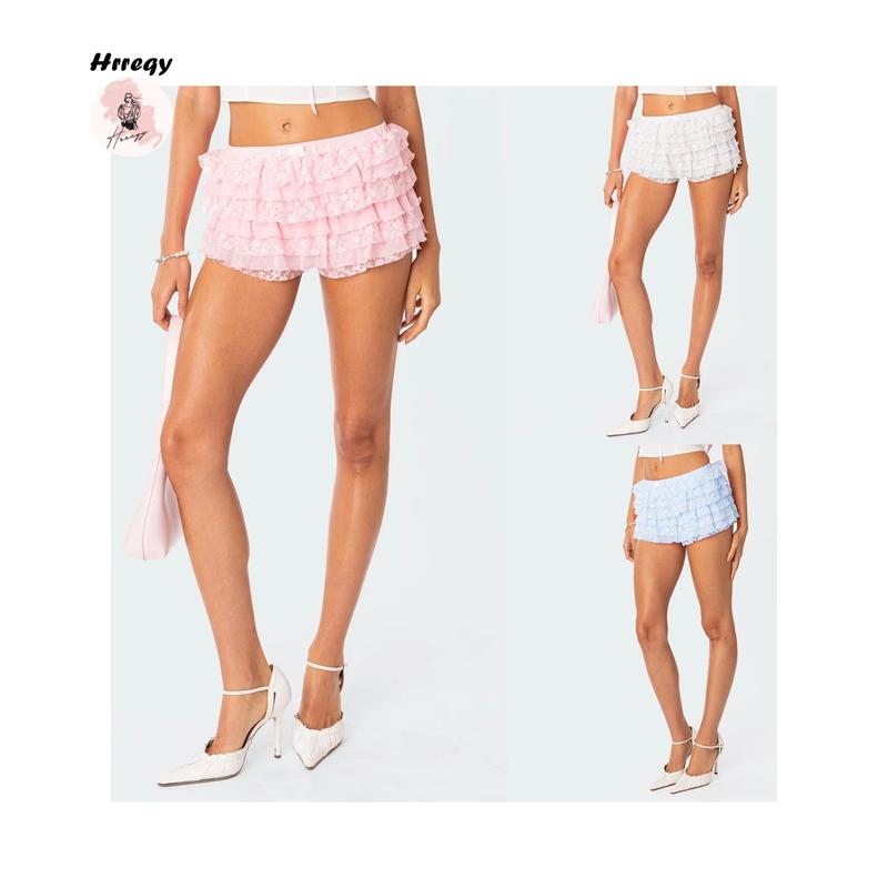 Women’s Layered Ruffle Shorts Casual Elastic Waist Bow Front Solid Color Lace Shorts Going Out Pants