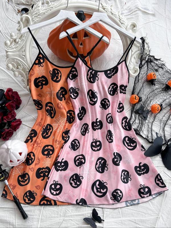 Women's All Over Pumpkin Print Cami Nightdress, Casual Soft Comfortable Halloween Criss Cross Backless Nightgown for All Seasons, Nightwear Sets, Fashion Ladies' Sleepwear for Daily Wear, Halloween Pajamas, Homecoming Dresses 2024