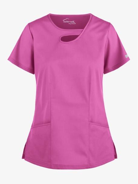 Women's Butter-Soft Stretch Scrub Top with 2 Pockets and Asymmetric Keyhole Design - Clothing, Womenswear