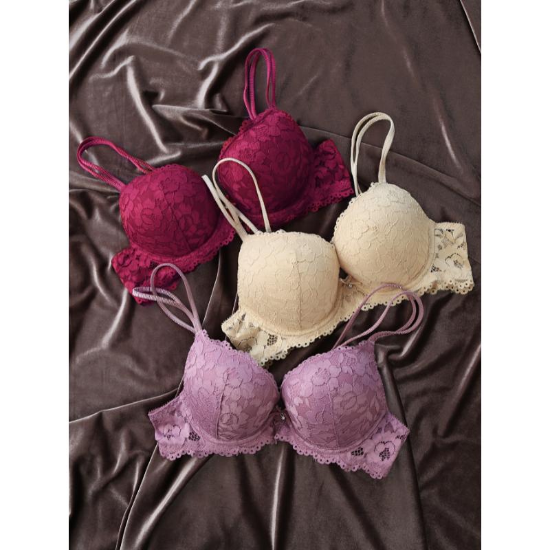 3pcs Contrast Lace Push Up Bras, Comfy & Breathable Intimates Bra, Women's Lingerie & Underwear casual lady sexy comfy