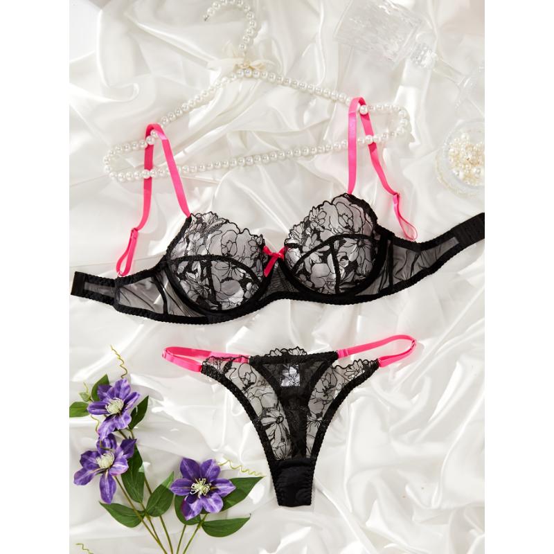 Colorblock Floral Lace Semi Sheer Bow Lingerie Set, Intimates Bra & Thong, Women's Sexy Lingerie & Underwear