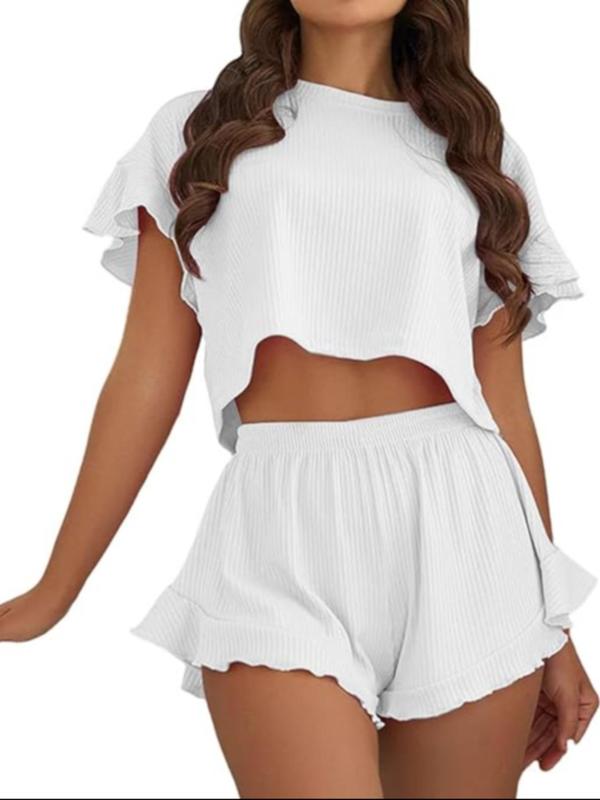 Two-piece Set Women's Solid Color Ruffle Hem Crop Top & Shorts Pyjama Set, Casual Comfy Drop Shoulder Top & Shorts Pj Set, Ladies Summer Sleepwear