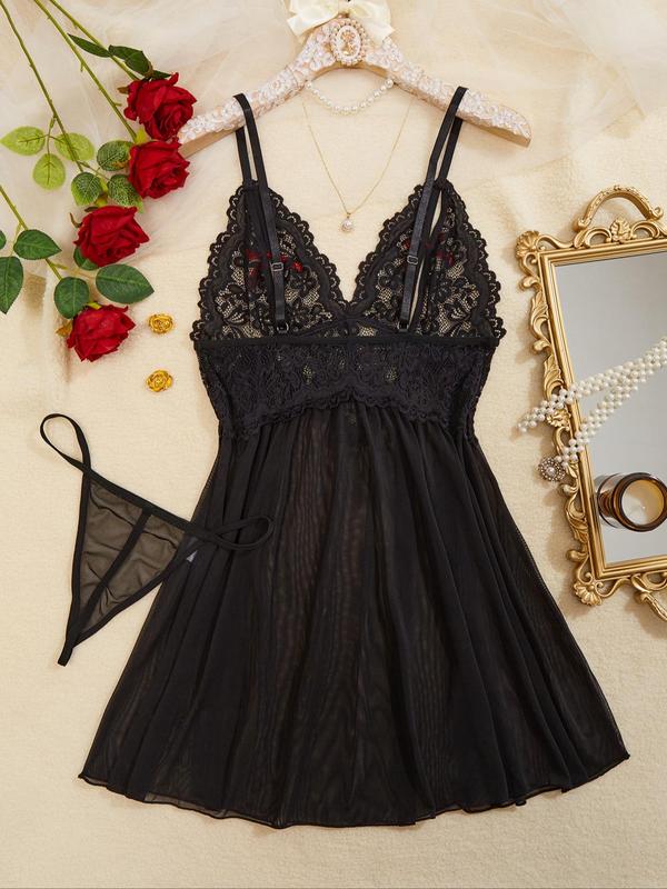 Women's Contrast Lace Sheer Cami Nightdress & Thong Sexy Lingerie Set, Romantic Bow Decor Flower Decor Sleepwear Set, Women's Lingerie & Underwear for All Seasons