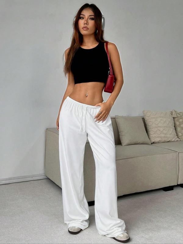 Women's Plain Drawstring Waist Wide Leg Pants, Casual Comfy Trousers for Daily Wear, Ladies Bottoms for All Seasons