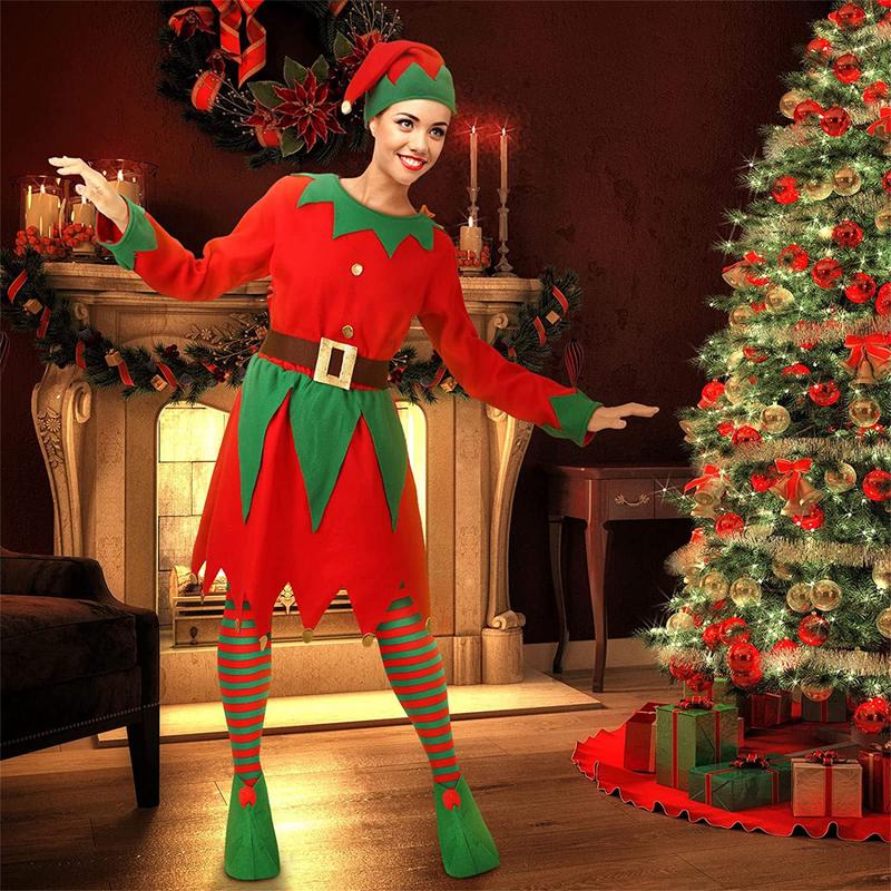 Christmas Elf Costumes Long Sleeve Dress and Belt Hat Shoes for Women Girl Party Role-Playing Cosplay