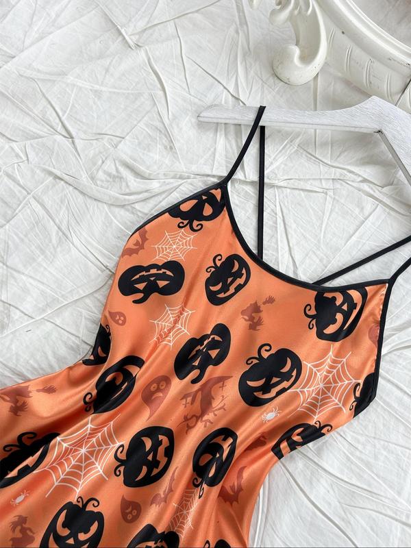 Women's All Over Pumpkin Print Cami Nightdress, Casual Soft Comfortable Halloween Criss Cross Backless Nightgown for All Seasons, Nightwear Sets, Fashion Ladies' Sleepwear for Daily Wear, Halloween Pajamas, Homecoming Dresses 2024