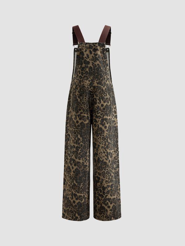 Cider [2 colors, size 0-26] Oversized Denim Leopard Pocket Buckle Up Wide Leg Overall Jumpsuit