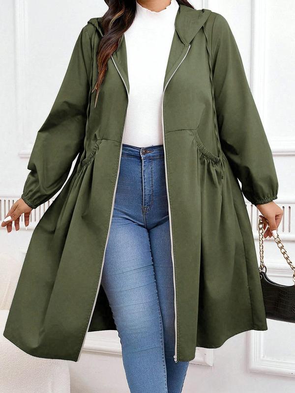 Plus Size Solid Drawstring Zip Up Hooded Coat, Casual Long Sleeve Pocket Outerwear for Fall & Winter, Women's Clothes for Daily Wear