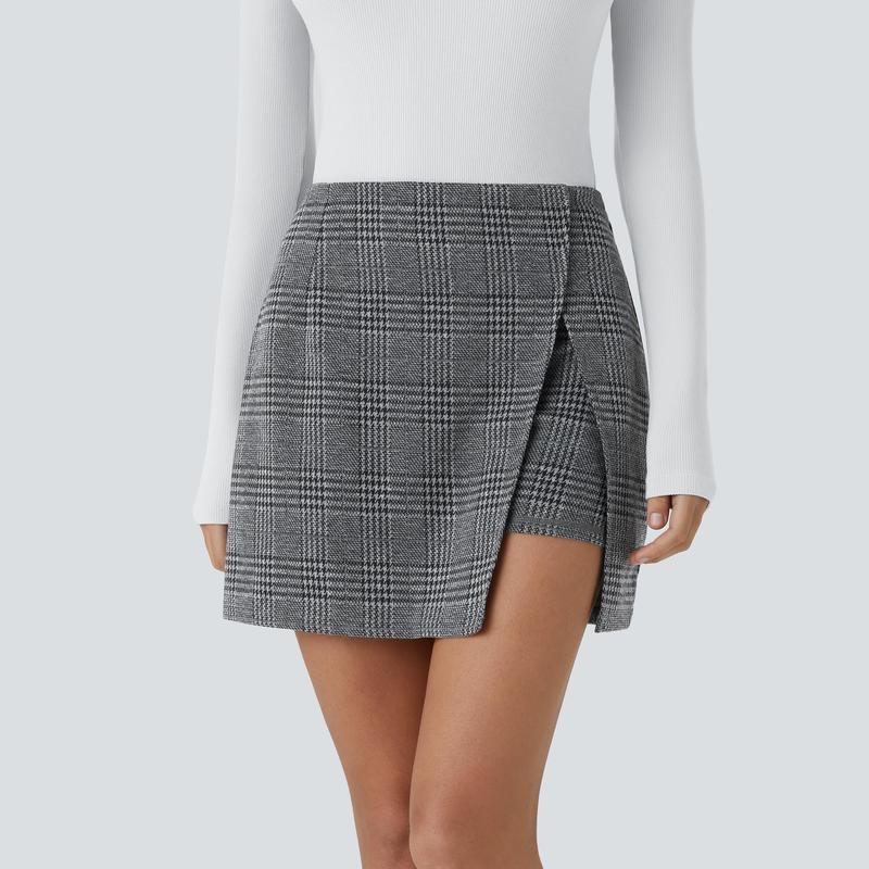 Halara High Waisted Split 2-in-1 Side Pocket Houndstooth Plaid Mini Casual Skirt