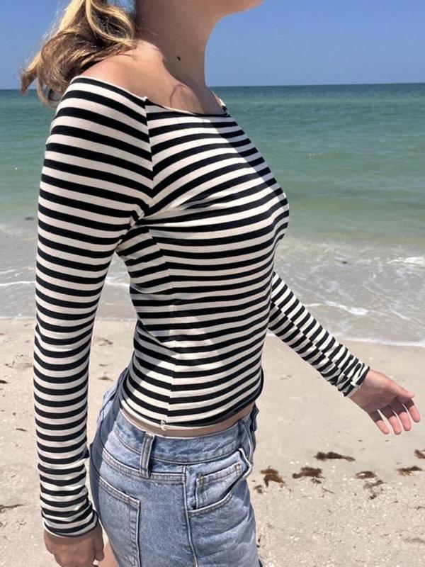 Women's Striped Print Off Shoulder Tee, Casual Long Sleeve T-shirt for Fall, Women's Clothing for Daily Wear